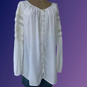 Chico's Bohemian Flowy Blouse Lightweight, Crochet Style Detail Size XL 16/18